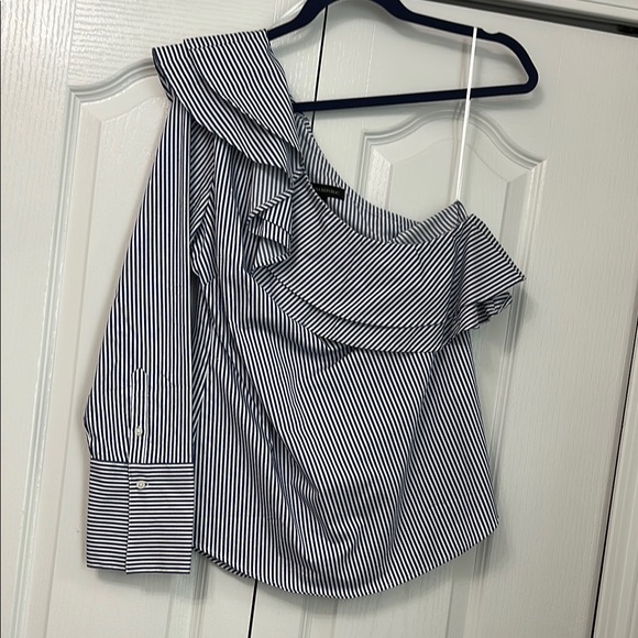 Banana Republic Tops - Banana Republic Asymmetrical Blue and White Ruffled Blouse